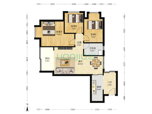 上滨家园 3室1厅1卫 90平方