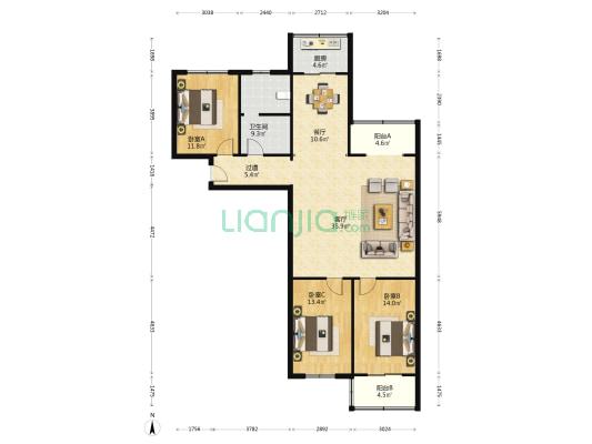 悦园小区 3室2厅1卫 136平方