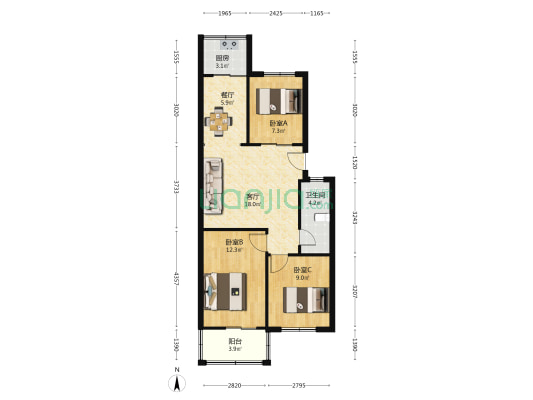 五十亩地小区 3室2厅1卫 74平方