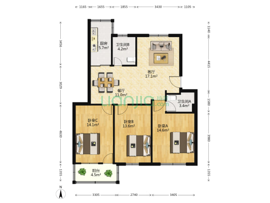 西金路 3室2厅2卫 106平方
