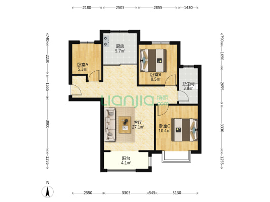 南北通透，单卫三居，全明格局。-户型图