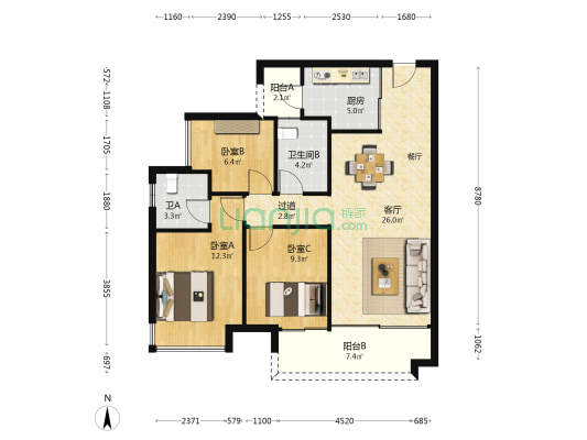 九洲保利天和观汀 3室1厅2卫 98平方