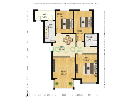 万达广场B1北区 4室1厅1卫 113平方