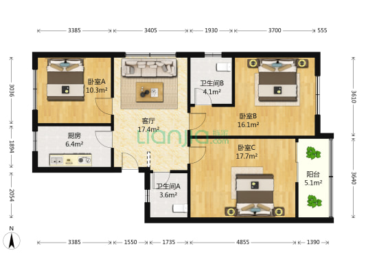 振华路 3室1厅2卫 104平方