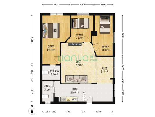 白云路 3室1厅2卫 105平方