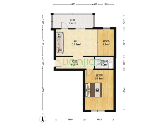 民生路 2室1厅1卫 62平方