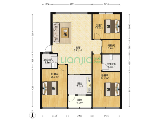 南苑东路 3室1厅2卫 120平方