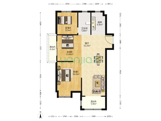 欧堡利亚北辰 3室1厅1卫 120平方