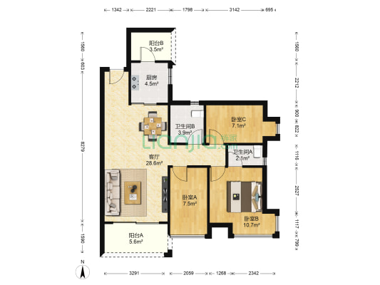 正太广场 3室1厅2卫 92平方