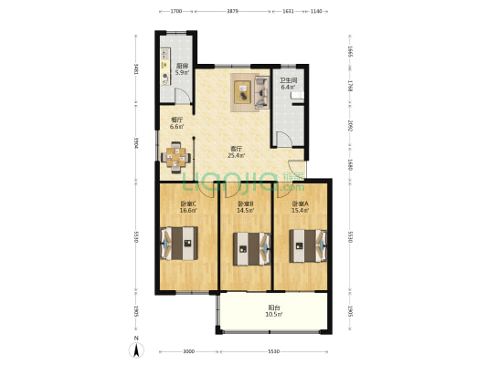 中心医院家属院 3室2厅1卫 123平方