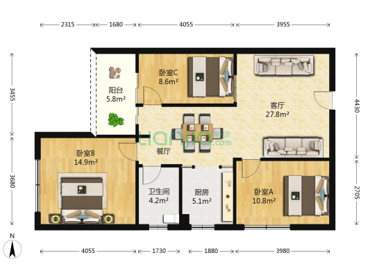 茂泽大厦 3室1厅1卫 105平方