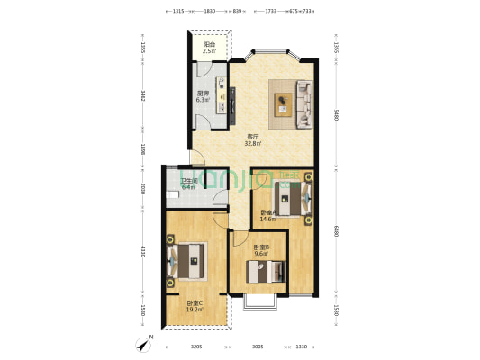 双兴家园 3室1厅1卫 106平方