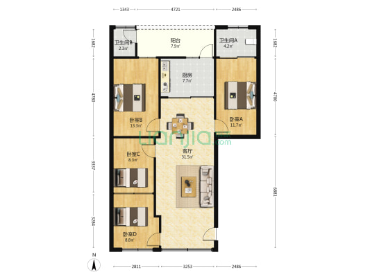 地勘大院 4室1厅2卫 92平方