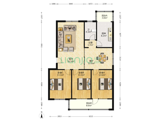 建行1号院 3室2厅1卫 121平方