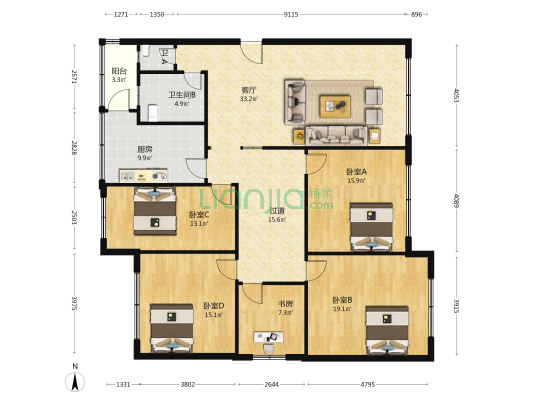 竹苑 5室1厅2卫 163平方