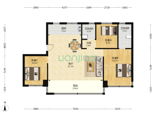 保利公园上城 3室1厅2卫 127平方