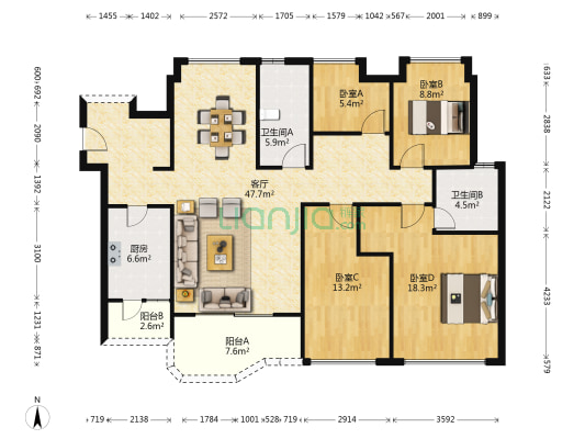 中洲央筑花园 4室1厅2卫 138平方