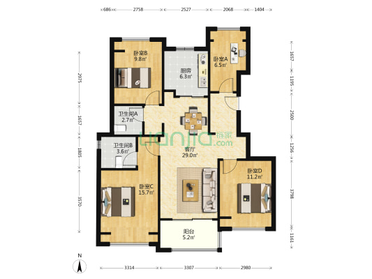 国贸凤凰原 4室1厅2卫 147平方