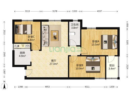 五塘和园 3室1厅1卫 98平方