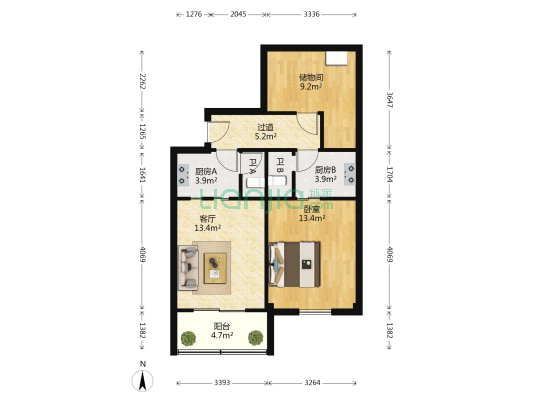 铁路家园小区 1室1厅2卫 77平方
