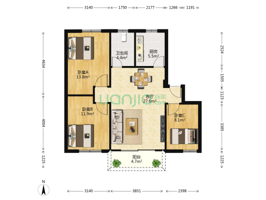 金竹园北座 3室1厅1卫 89平方