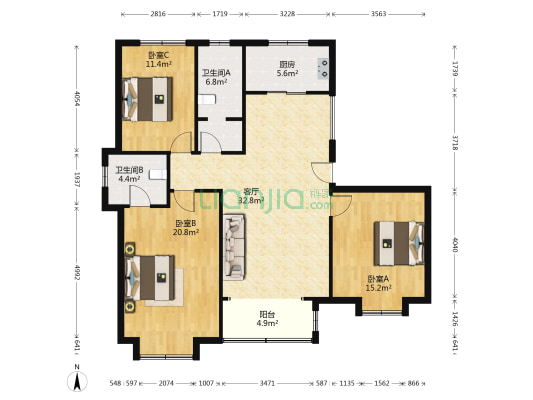 福美十号院东区 3室1厅2卫 134平方