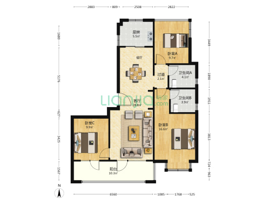 海尔产城创翡翠东方 3室1厅2卫 119平方