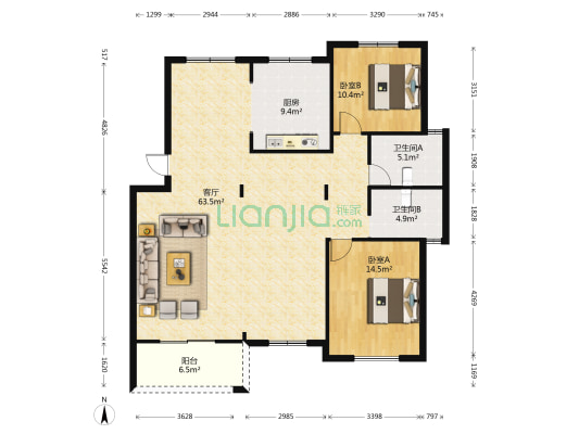 桂花南苑 2室1厅2卫 129平方