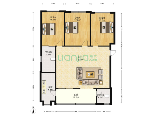 三清路6号 3室1厅2卫 120平方