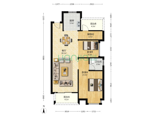 城东一号松江府 2室1厅1卫 97平方
