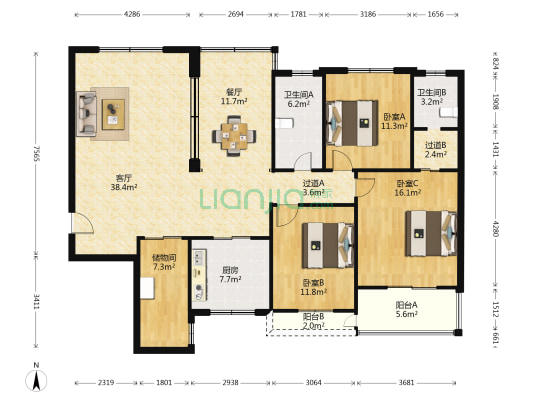 南色鑫空 3室2厅2卫 163平方