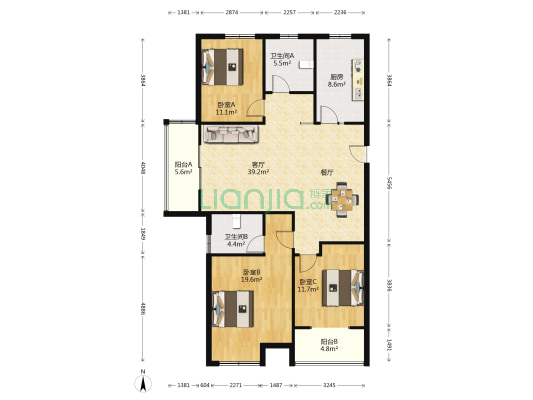 常发广场住宅小区 3室1厅2卫 139平方