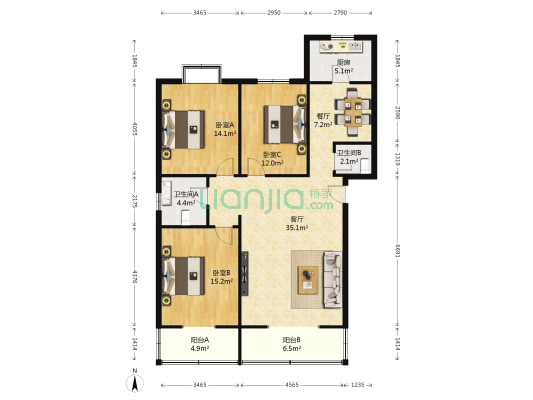 金陵花园 3室2厅2卫 126平方
