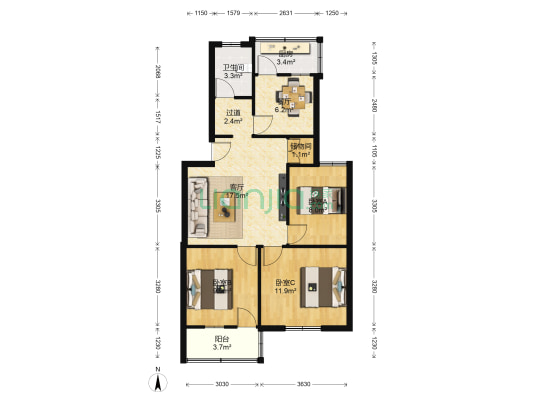 锦江花园 3室2厅1卫 90平方