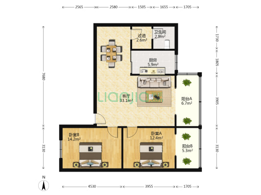 通锦苑 2室1厅1卫 97平方