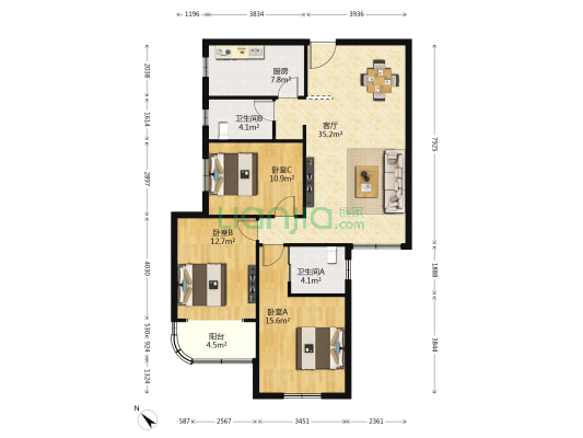 宝通公寓 3室1厅2卫 130平方