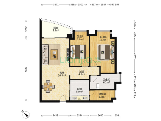 东山紫园 2室1厅1卫 94平方