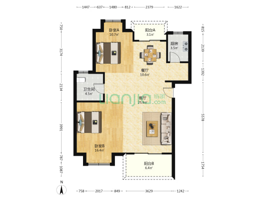 晓轩 2室2厅1卫 89平方