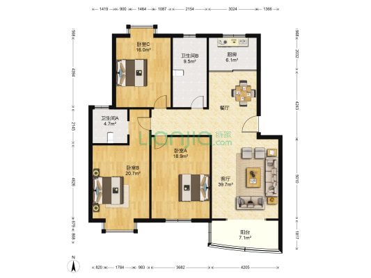 鑫安苑润康里 3室1厅2卫 132平方