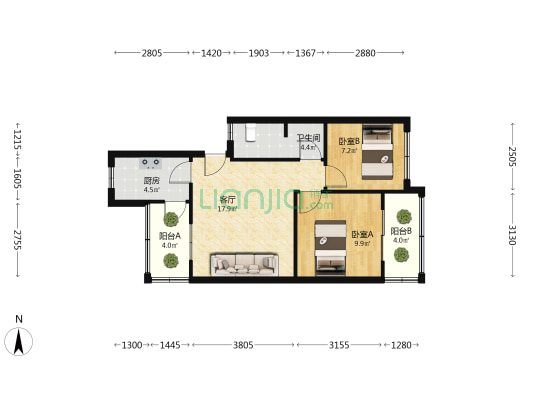 金科苑中街54号 2室1厅1卫 61平方