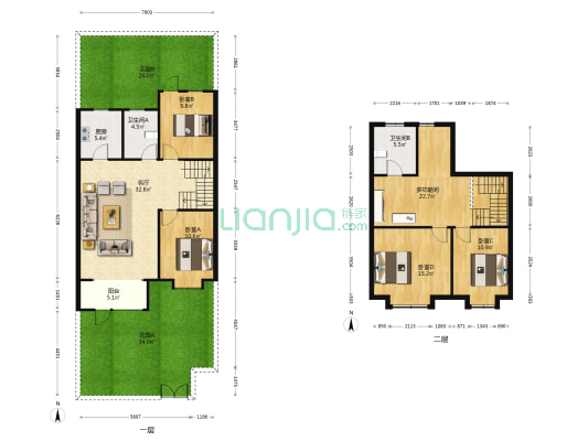 鸿坤理想城 5室1厅2卫 136平方