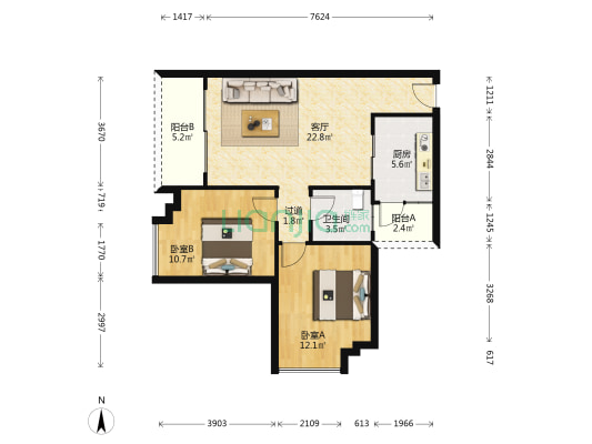 汽博刚需两室户型，户型方正、安静、适合居家-户型图