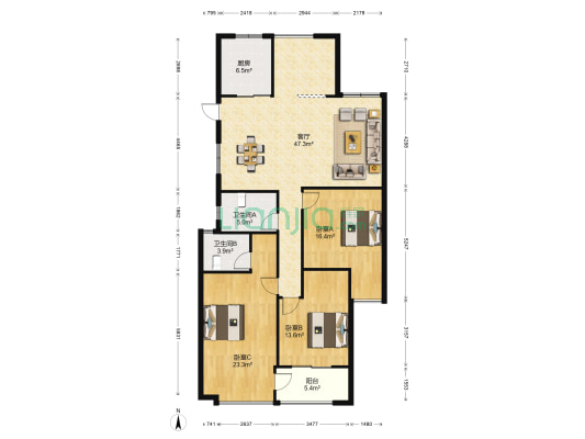 华宇城市之星 3室1厅2卫 135平方