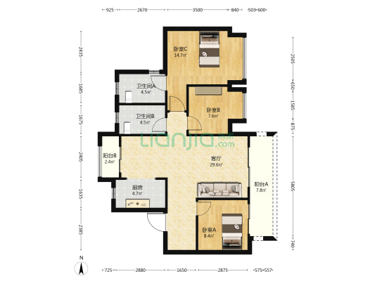 龙湖春屿江岸 3室1厅2卫 103平方