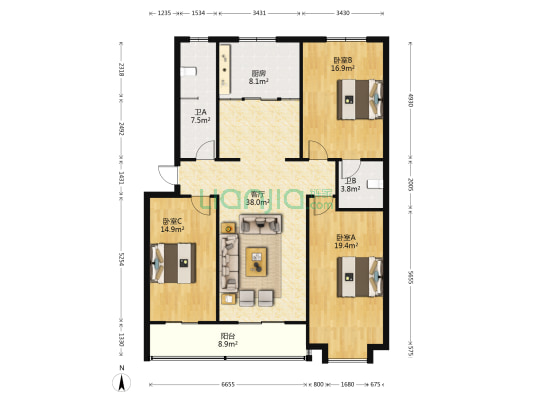 金荣小区 3室1厅2卫 141平方