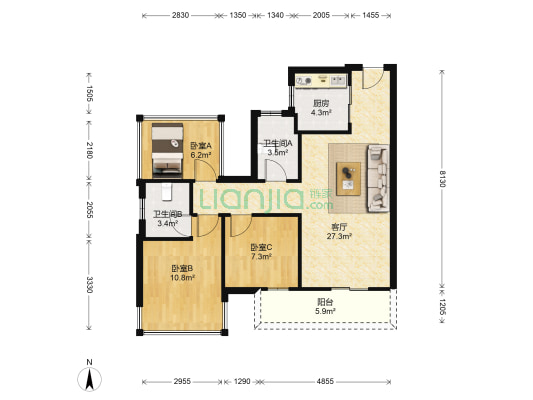 龙光玖珑臺 3室1厅2卫 89平方