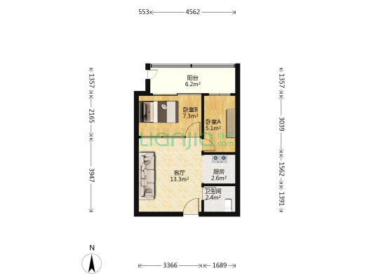 大鼎城市广场B区 2室1厅1卫 46平方