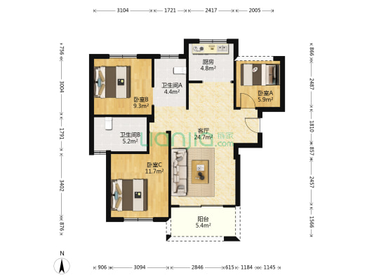 佛奥康桥水岸 2室3厅2卫 113平方