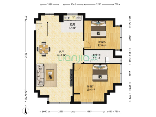 金沙城市广场 2室1厅1卫 110平方