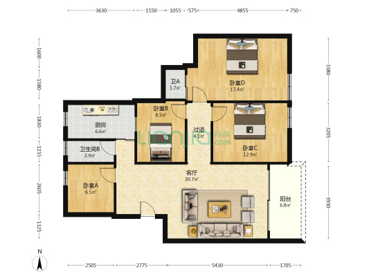 金麦苑 4室1厅2卫 121平方